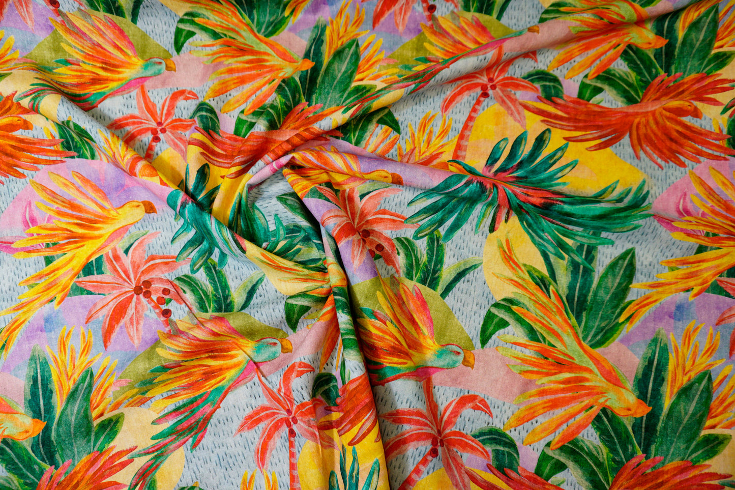 Linen-viscose mix with exotic paradise print