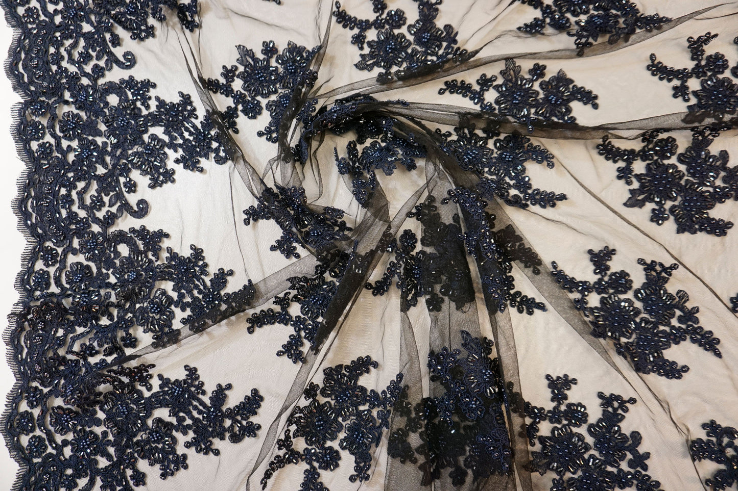 dark blue tulle lace with pearls – elegance & luxury