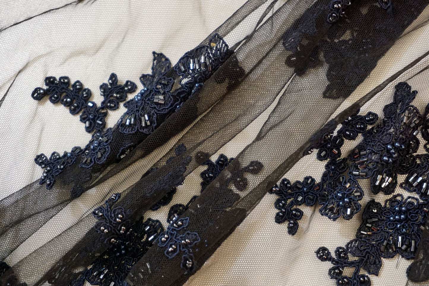 dark blue tulle lace with pearls – elegance & luxury