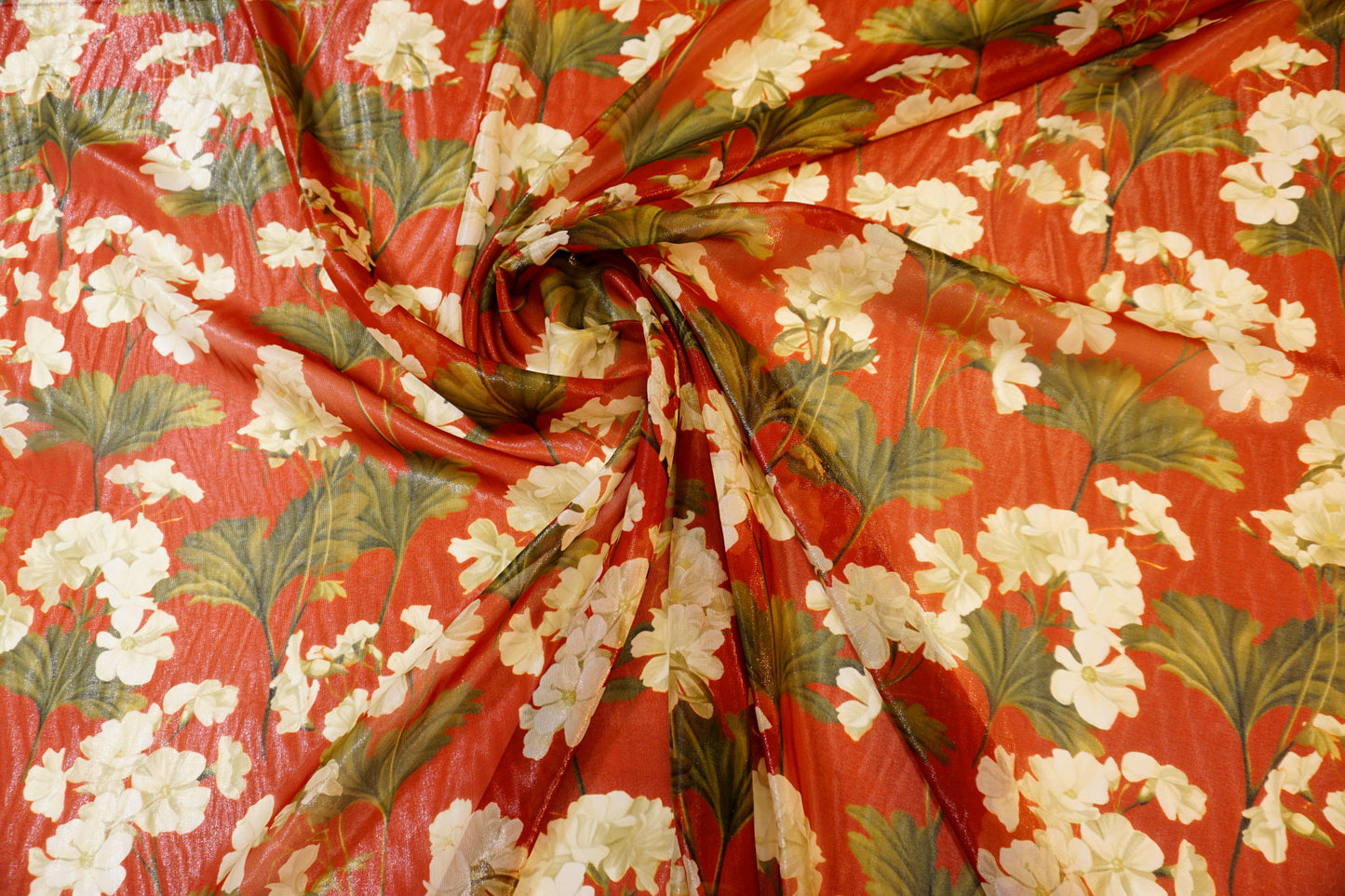 floral silk chiffon on warm red