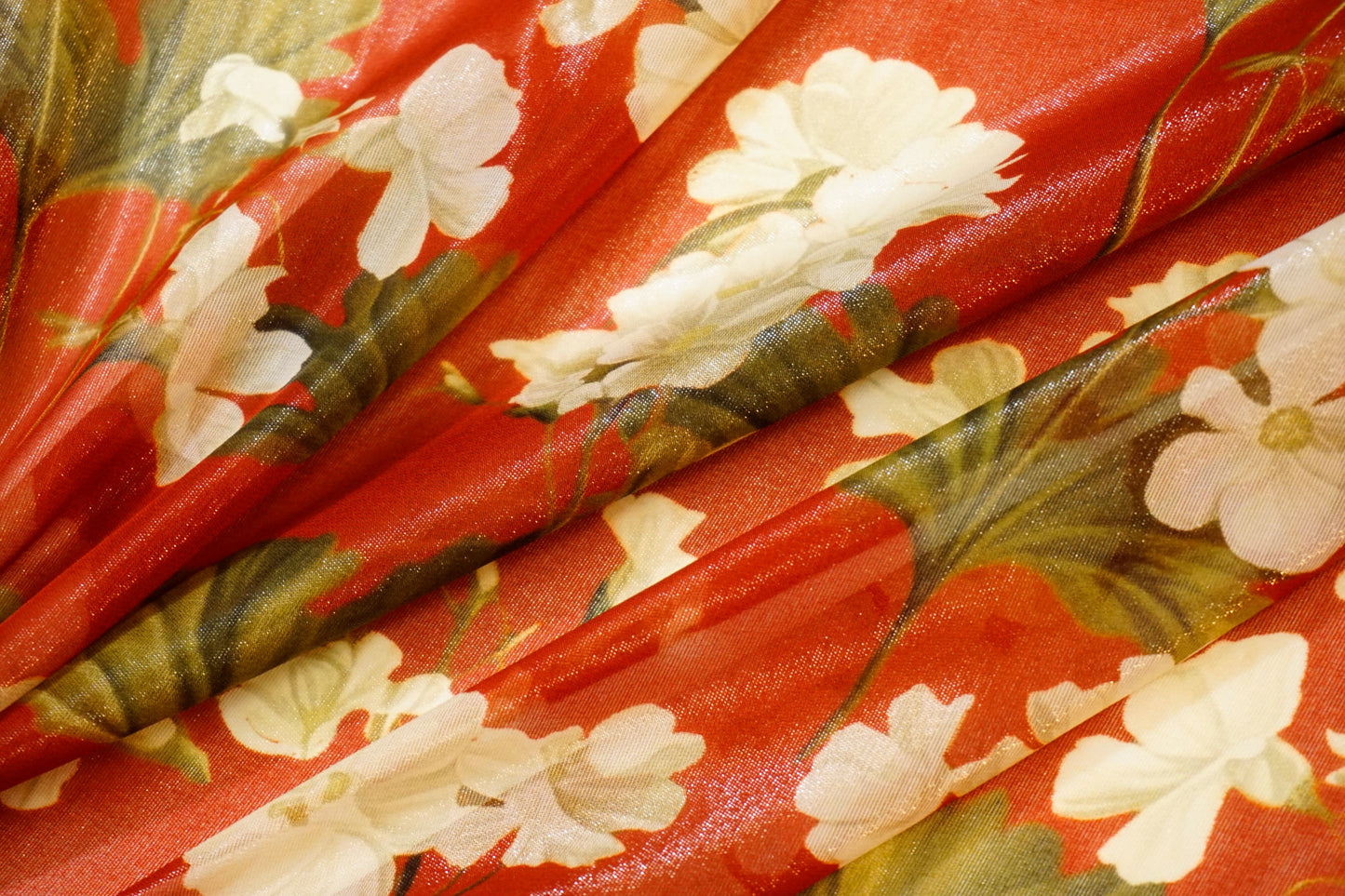 floral silk chiffon on warm red