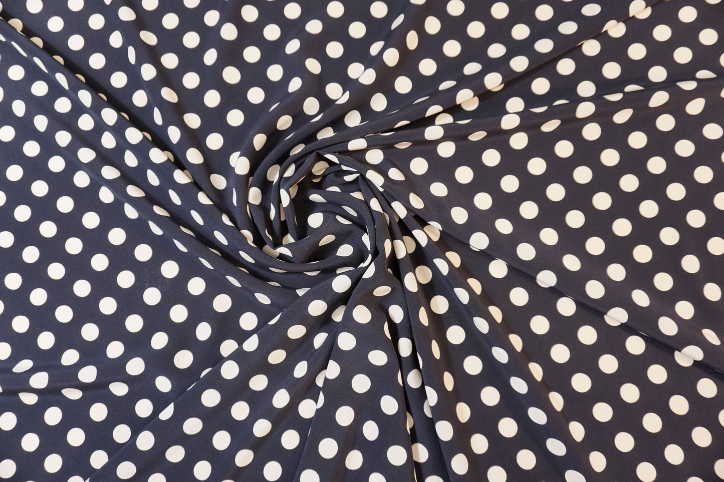 Elegant Italian silk crepe – dark blue with white polka dots