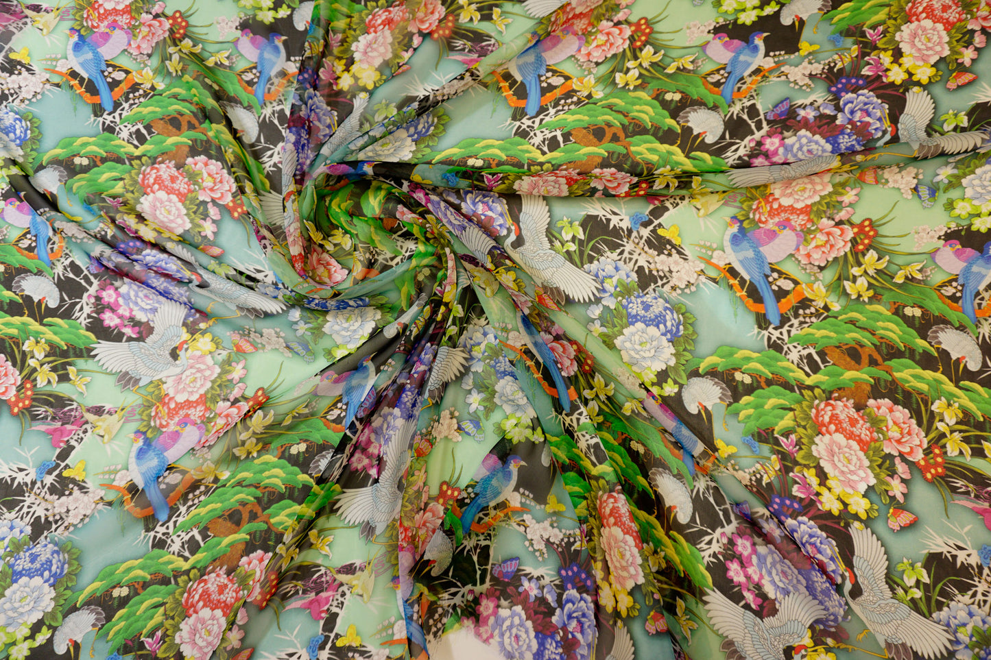 Silk chiffon with artistic crane print