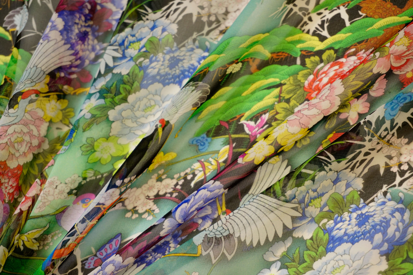 Silk chiffon with artistic crane print