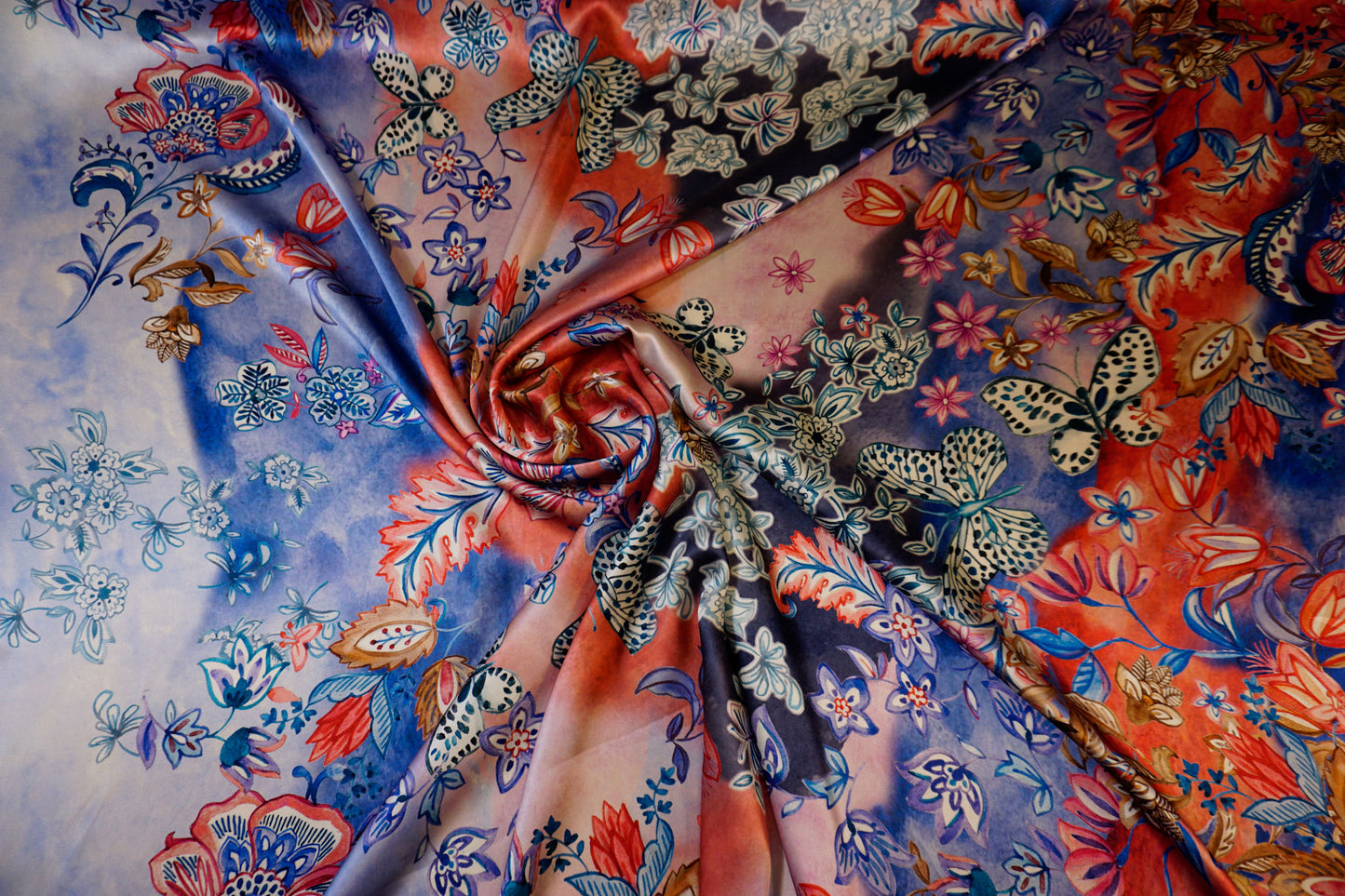 Silk satin with artistic flower and butterfly design