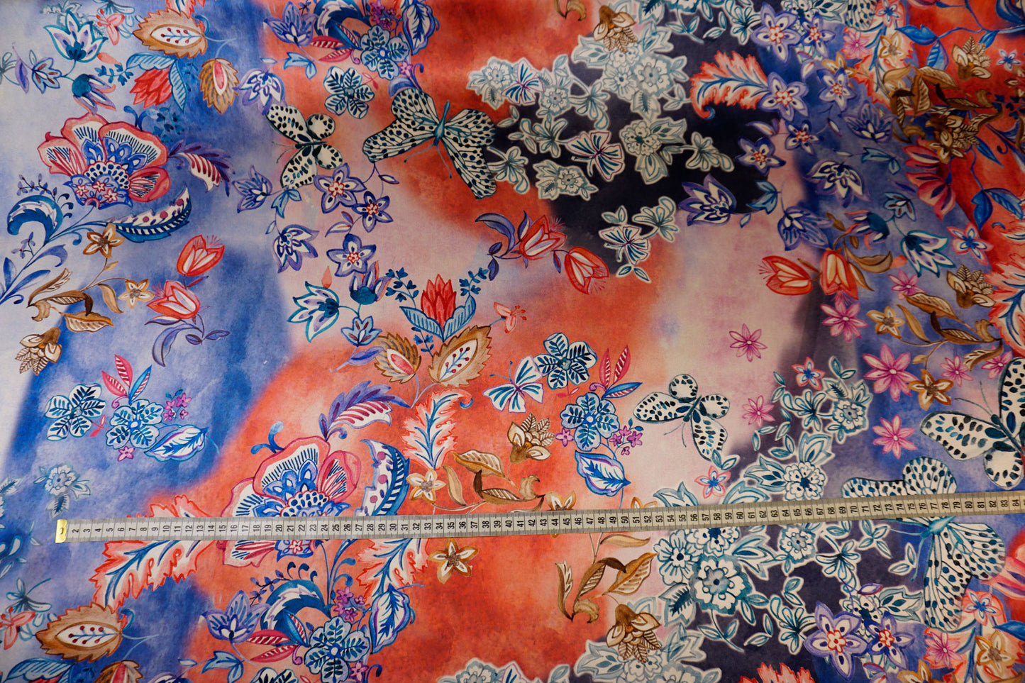 Silk satin with artistic flower and butterfly design
