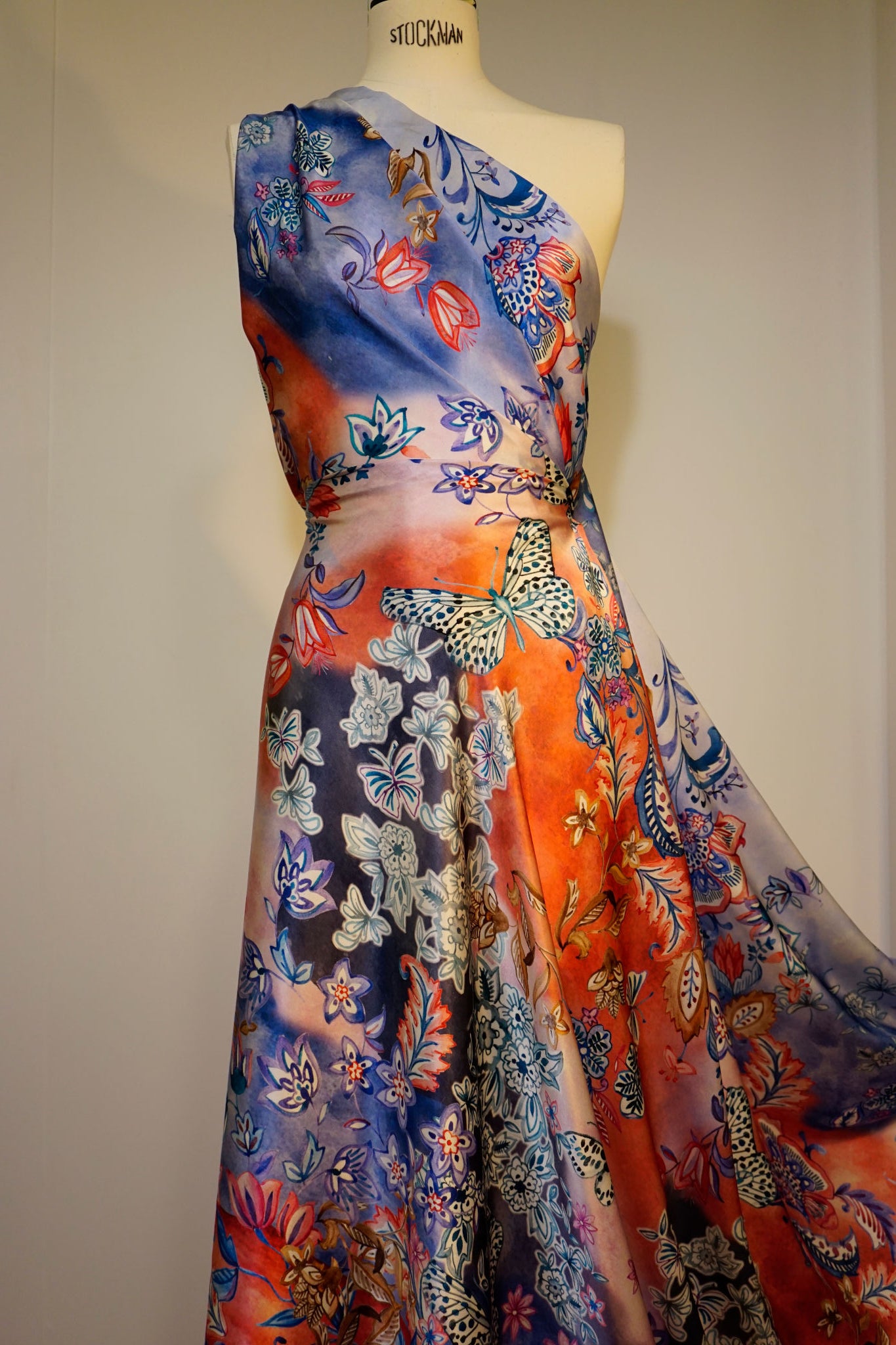 Silk satin with artistic flower and butterfly design