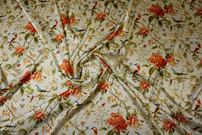 Seidensatin Meterware mit Elasthan, Vogel- und Blumenmotiv, italienischer Designerstoff
