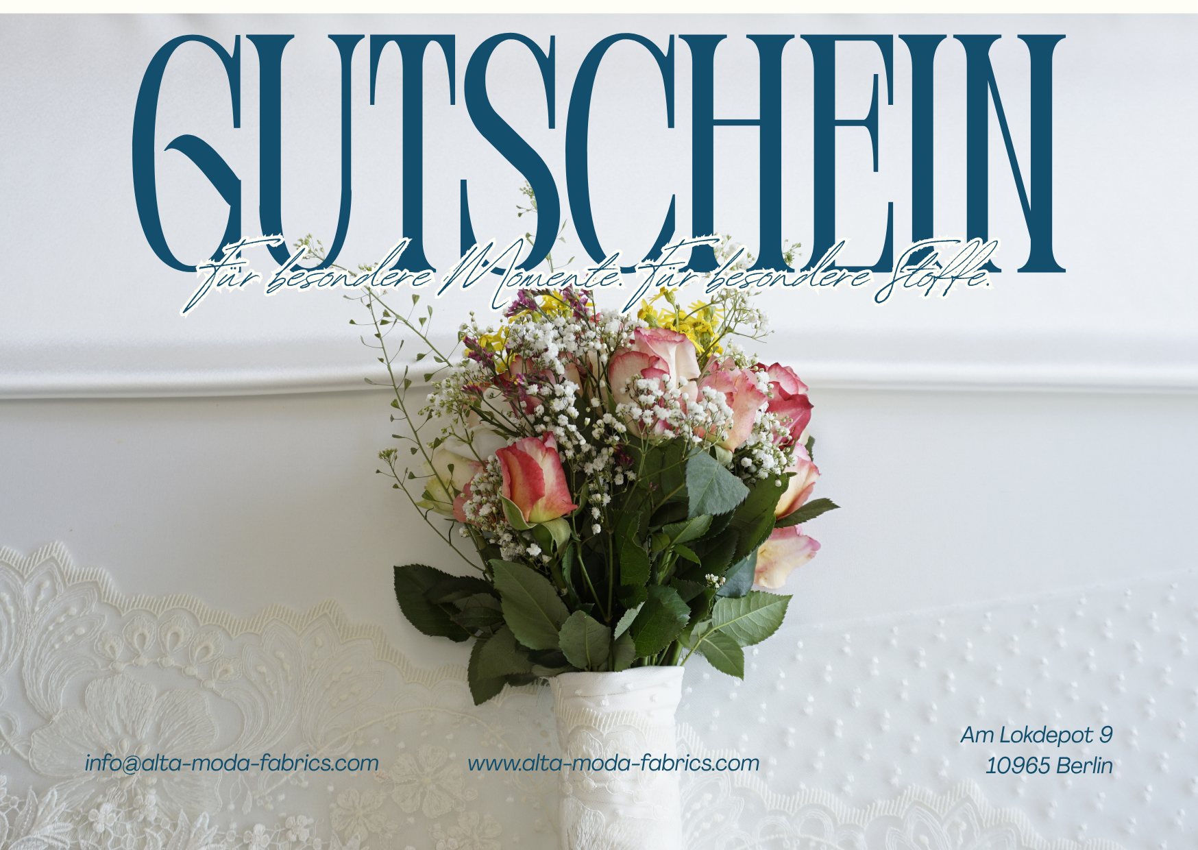 Gutschein für den Online Shop von Alta Moda Fabrics. Für besondere Momente und besondere Stoffe. Einfach Kreativität verschenken.