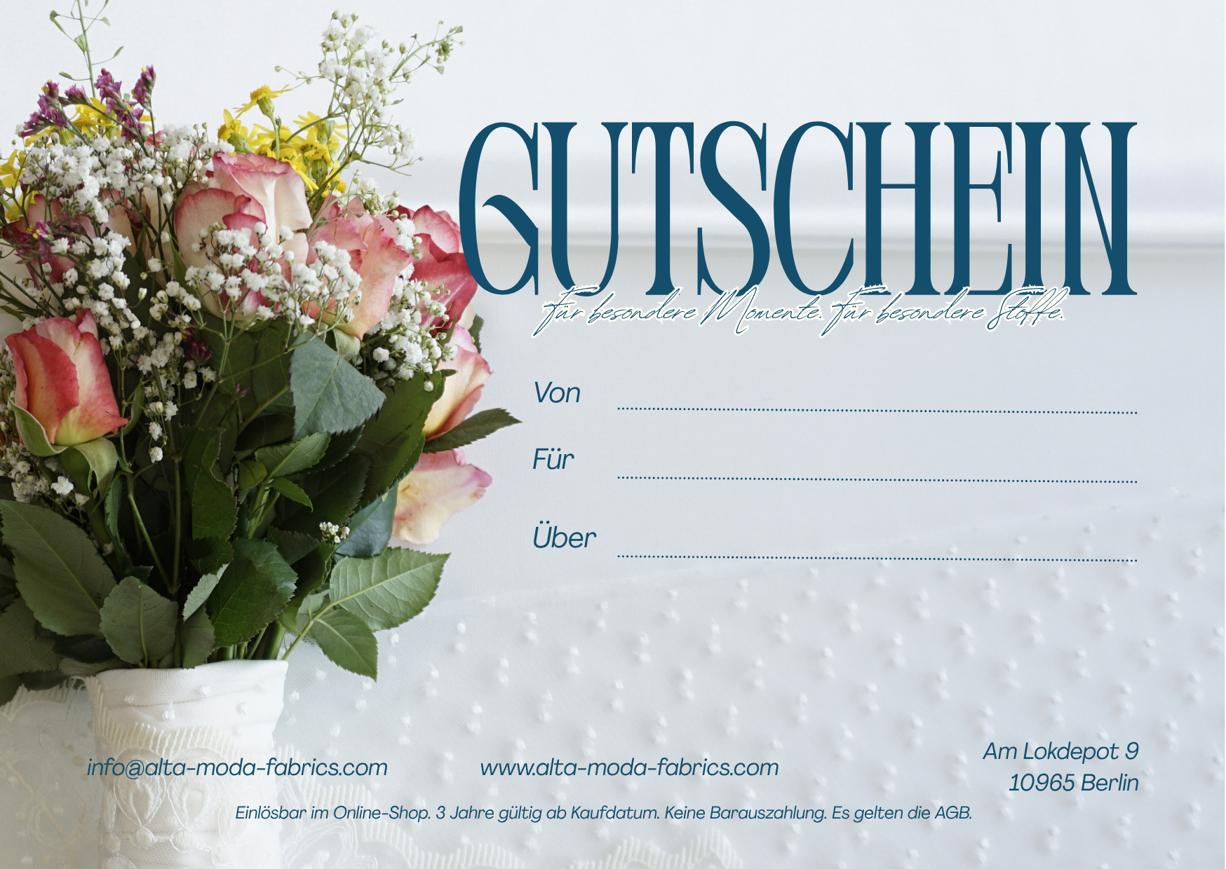 Gutschein für den Online Shop von Alta Moda Fabrics. Für besondere Momente und besondere Stoffe. Einfach Kreativität verschenken.
