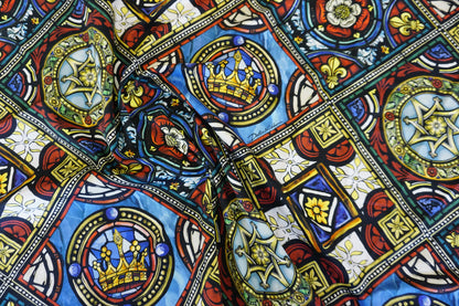 Reststück 0,4m | Barockes Kirchenfenster-Muster in Blau, Rot & Gold | Made in Italy