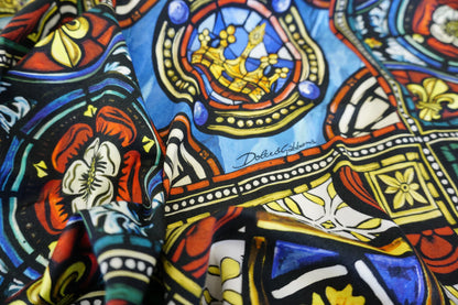 Reststück 0,4m | Barockes Kirchenfenster-Muster in Blau, Rot & Gold | Made in Italy