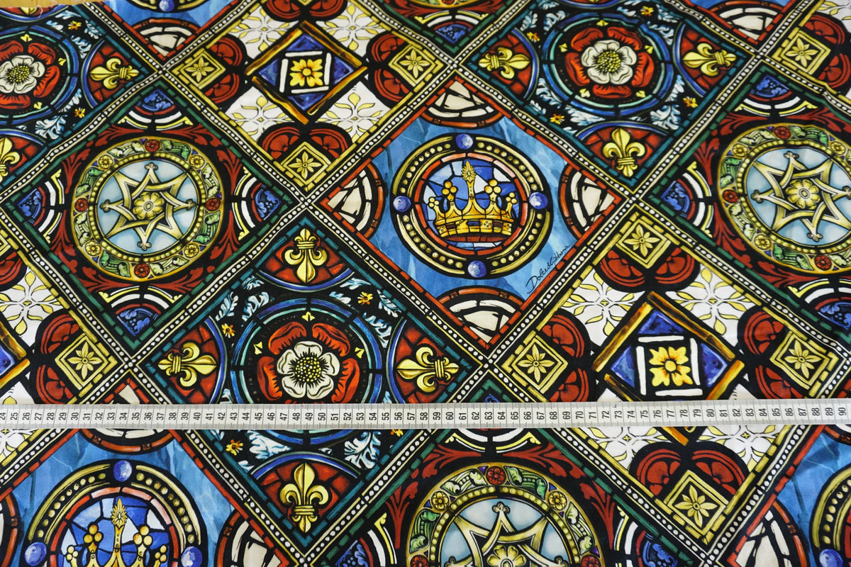 Reststück 0,4m | Barockes Kirchenfenster-Muster in Blau, Rot & Gold | Made in Italy