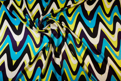 Italienischer Seidensatin – Zickzack-Print in Lime, Blau & Schwarz