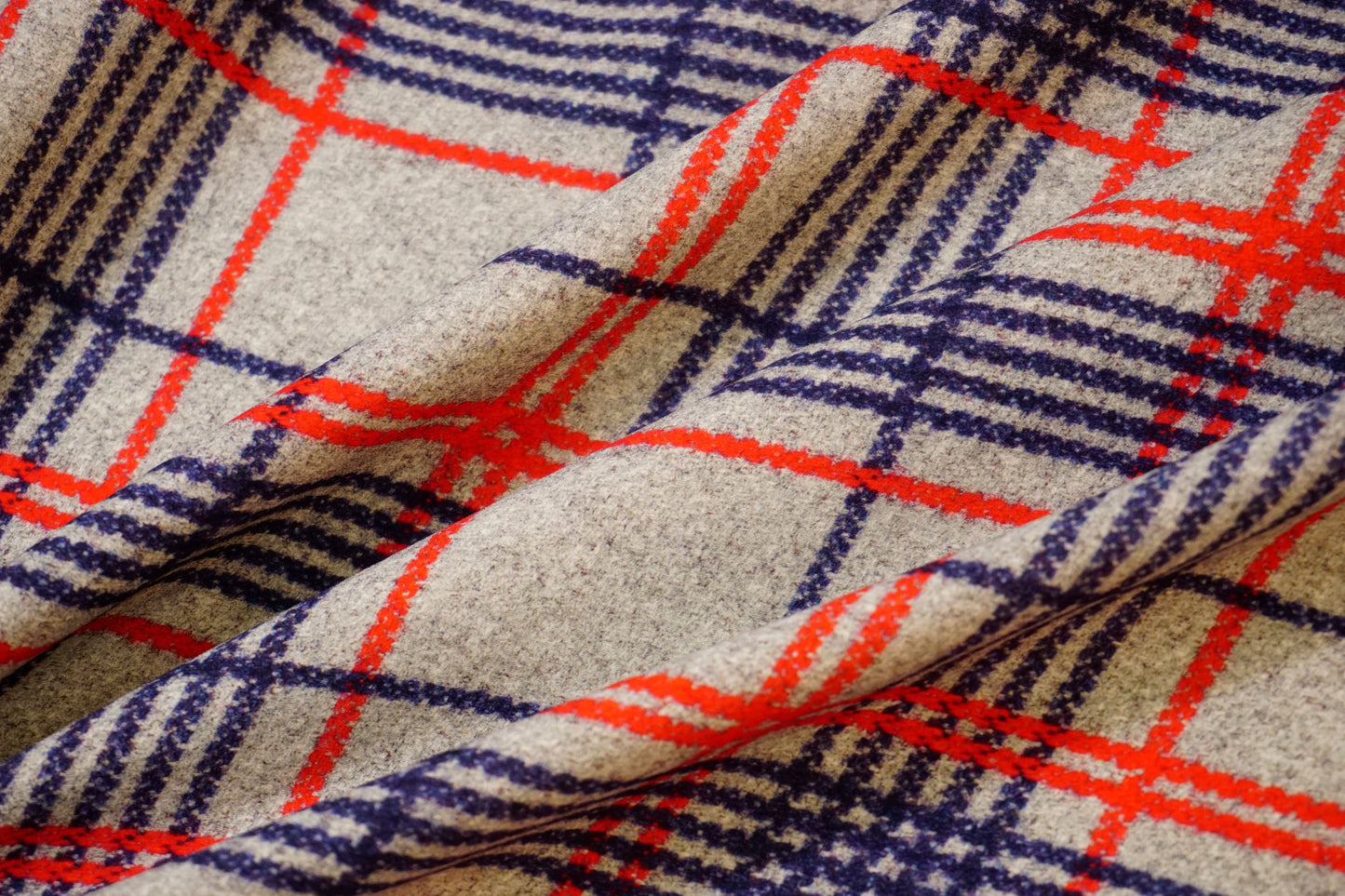 Silk fabric with mottled check pattern in grey, blue &amp; red – heavy &amp; elegant