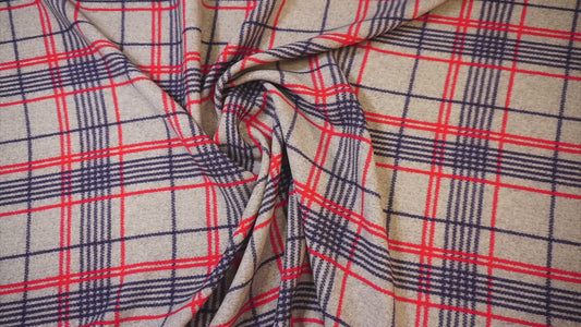 Silk fabric with mottled check pattern in grey, blue &amp; red – heavy &amp; elegant