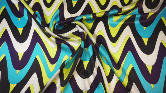 Italian silk satin – zigzag print in lime, blue &amp; black