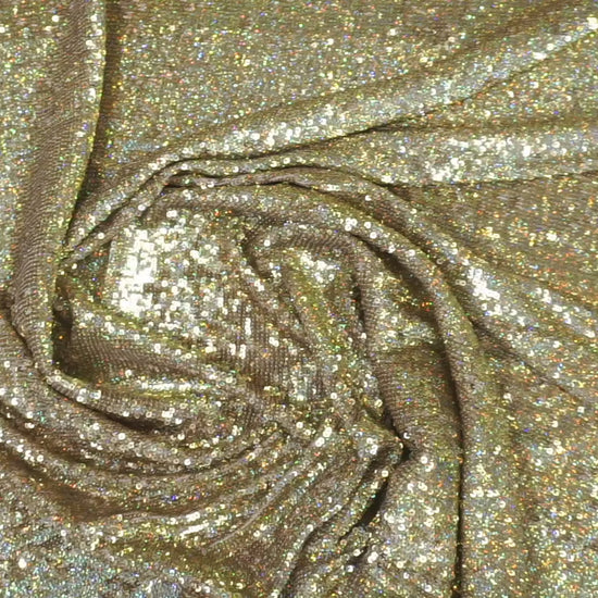 Goldener Paillettenstoff mit holografischem Multicolor-Schimmer, intensives Funkeln bei Bewegung