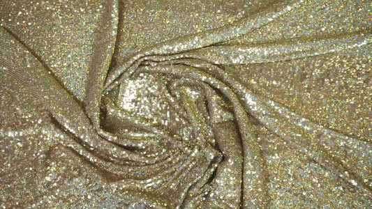 Goldener Paillettenstoff mit holografischem Multicolor-Schimmer, intensives Funkeln bei Bewegung