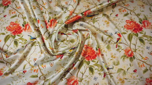 Silk stretch with bird and flower print - luxurious, light & flowy